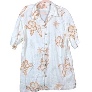 Tommy Bahama Mens Shirt White Gold Hawaiian Camp Vacation Leaf Floral Large